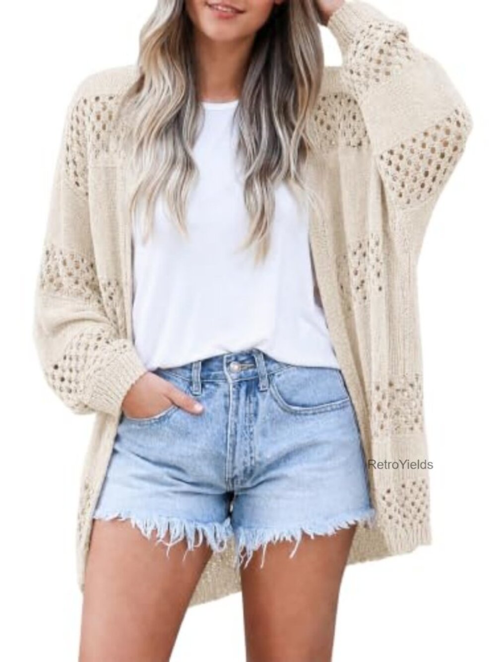 Crochet Lightweight Open Front Long Sleeve Knit Cardigan Coverup Boho